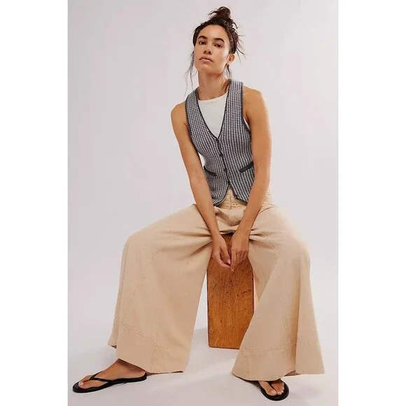 Free People Maxed Out Wide-Leg Trousers Pants Mid-Rise Pleated Beige S-6 278386